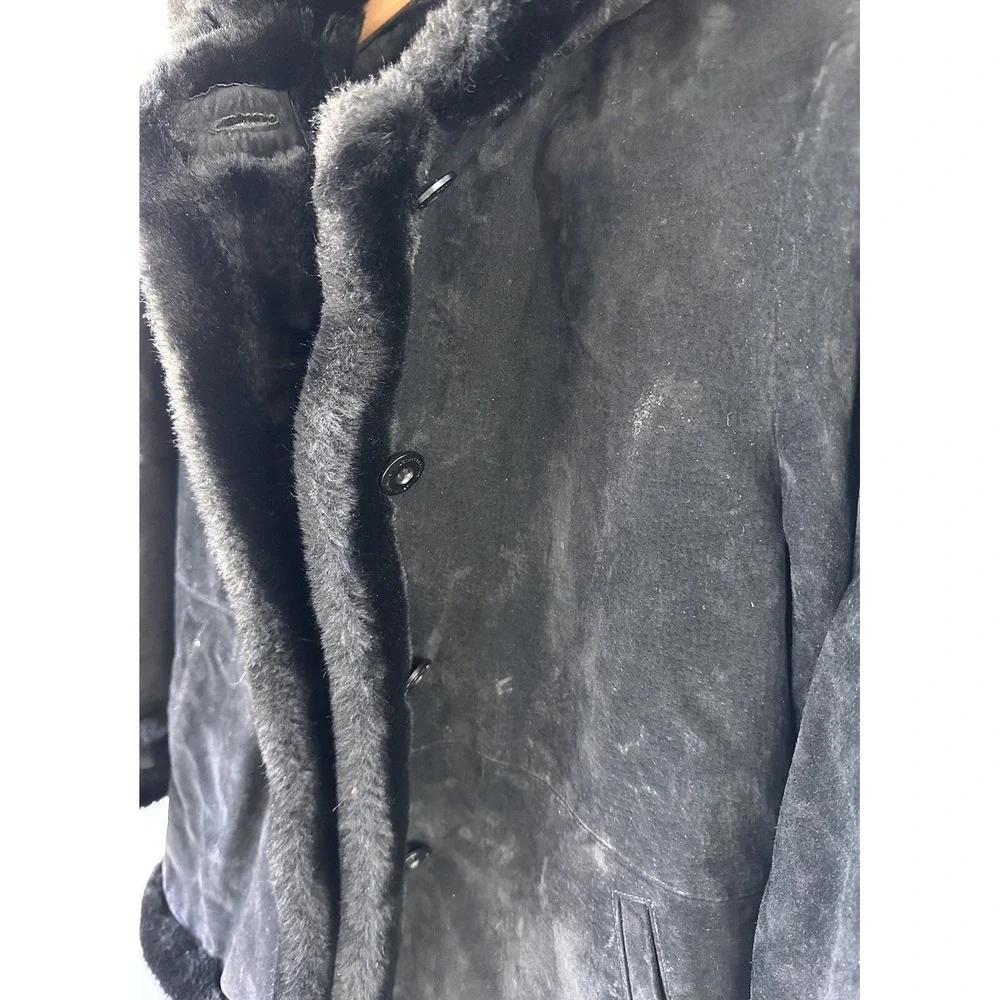 WILSONS Black Suede Coat Girl's Youth XL Faux Fur Lined Hooded